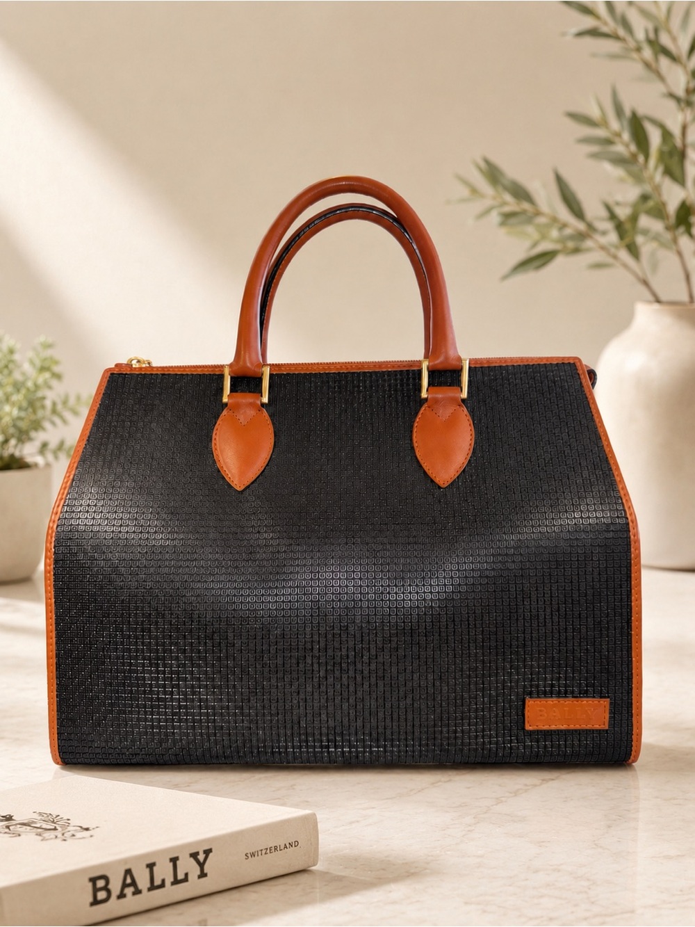 Bally Cognac & Black Leather Structured Satchel Top Handle Bag I Vintage | EUC